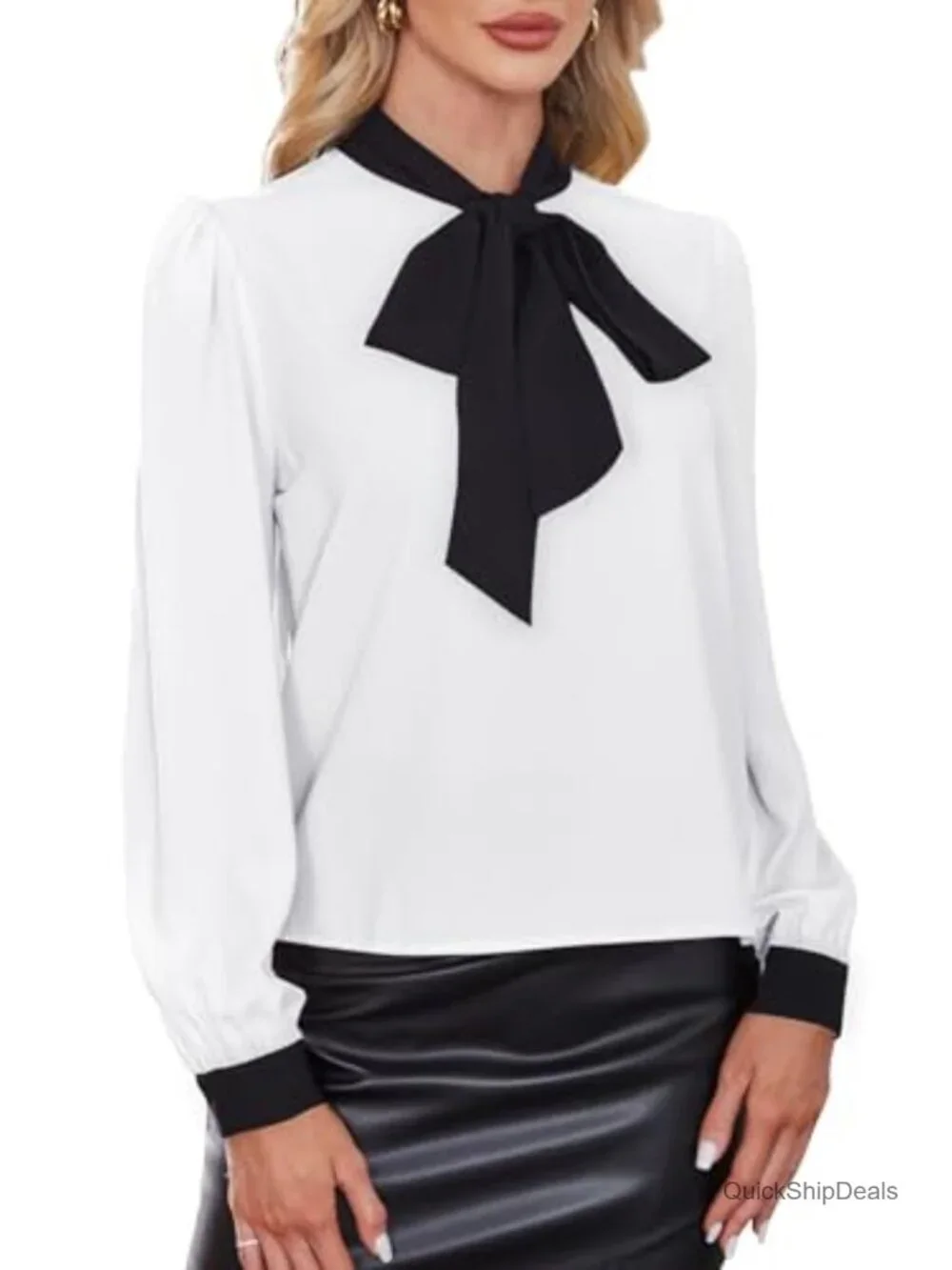 Tie Neck Bishop Long Sleeve Blouse Women Casual Work Top